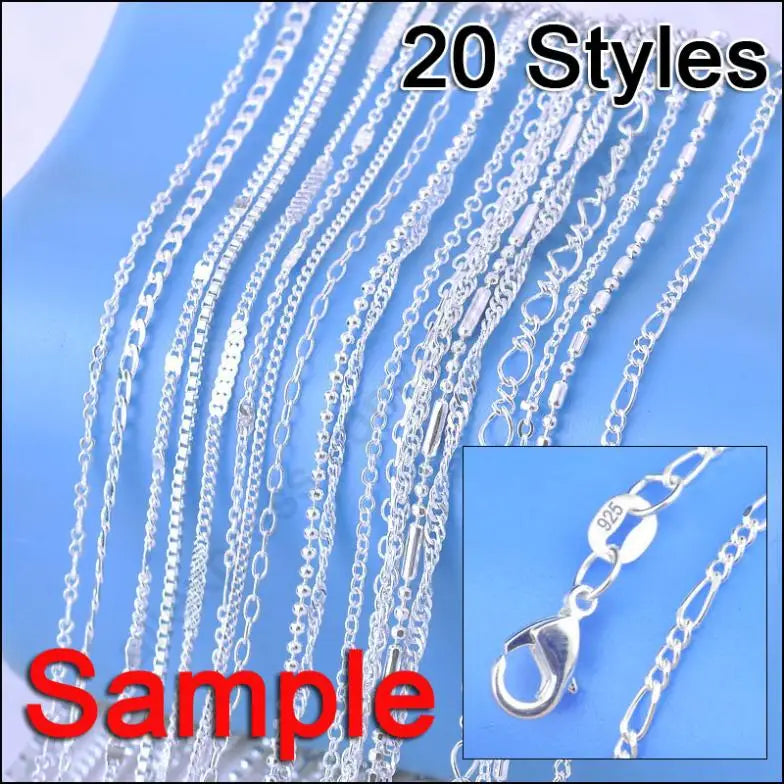 Neueste Musterbestellung 20 Stück, 20 Designs, 18 Zoll Echte 925 Sterling Silber Schmuck Halsketten-Sets mit Gliederketten und Karabinerverschlüssen