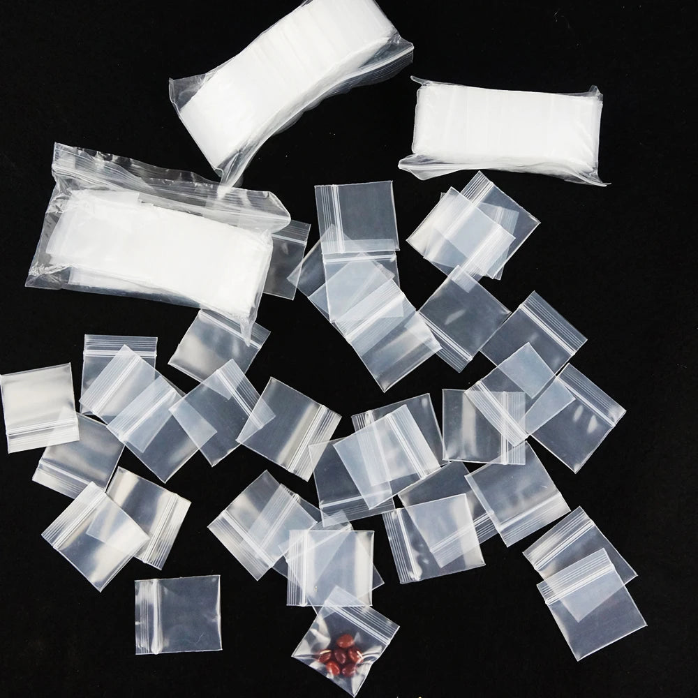1000 Stück kleine, dickere PE-Druckverschlussbeutel – komplett durchsichtige Ring-Kristall-Verpackungsbeutel, wiederverwendbare Pulver-Reißverschlusssäcke, Minibeutel
