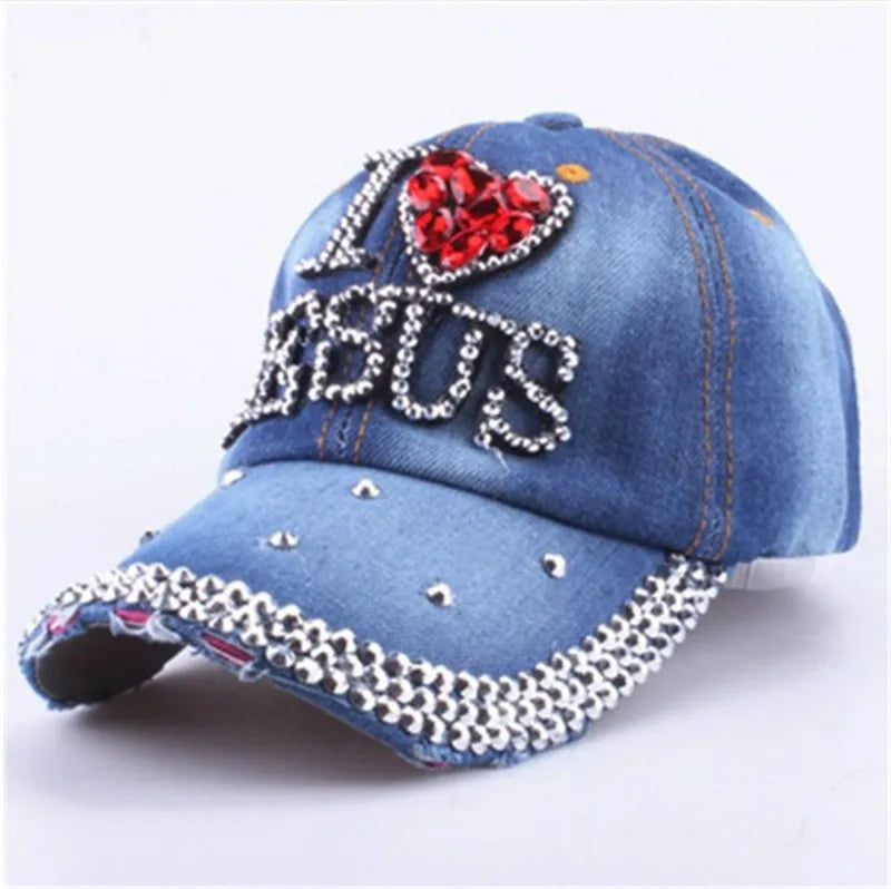WJ7621 Damen Denimstoff Künstliche Steine Bling Bling Rot I Love Heart Jesus Baumwoll-Baseballkappen Anpassen