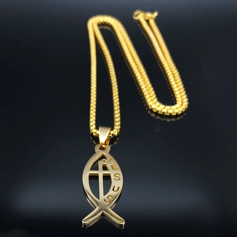 Ichthys Jesus Fisch Kreuz Christus Gott Anhänger Halskette für Frauen Männer Edelstahl Goldfarbe Christliche Kette Schmuck N1482S02