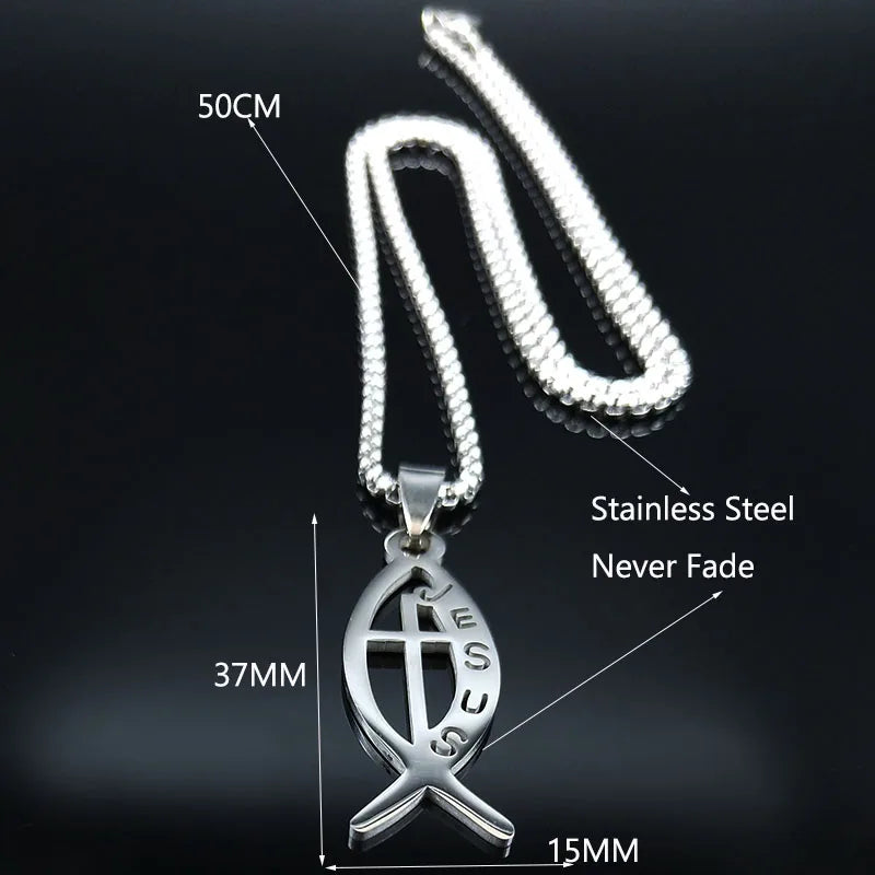 Ichthys Jesus Fisch Kreuz Christus Gott Anhänger Halskette für Frauen Männer Edelstahl Goldfarbe Christliche Kette Schmuck N1482S02