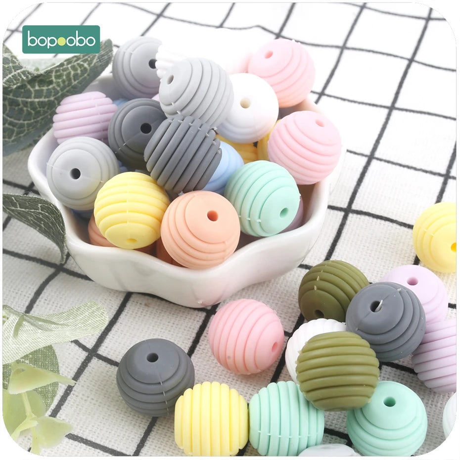 Bopoobo 10 Stück Silikonperlen Baby-Beißring Runde Spiralperlen Lebensmittelqualität 15mm DIY Gewindebohrung BPA-freie Perlen Baby-Beißringe