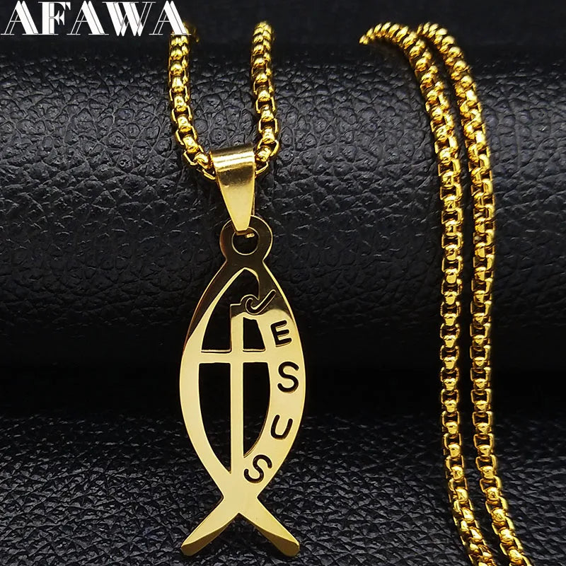 Ichthys Jesus Fisch Kreuz Christus Gott Anhänger Halskette für Frauen Männer Edelstahl Goldfarbe Christliche Kette Schmuck N1482S02