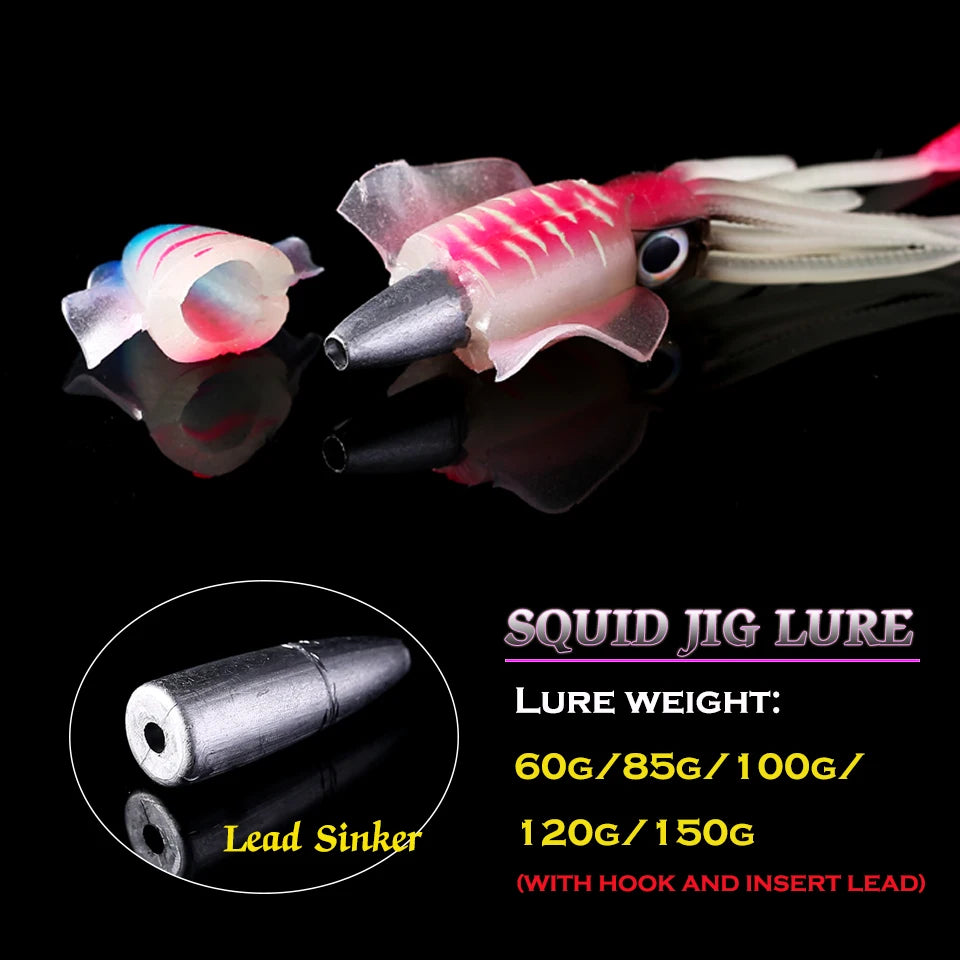 SUNMILE Angel-Gummiköder Tintenfisch 20g/60g/80g/100g/120g/150g Leuchtend/UV-Tintenfisch-Jig Angelköder für Meeresangeln Wobbler Köder