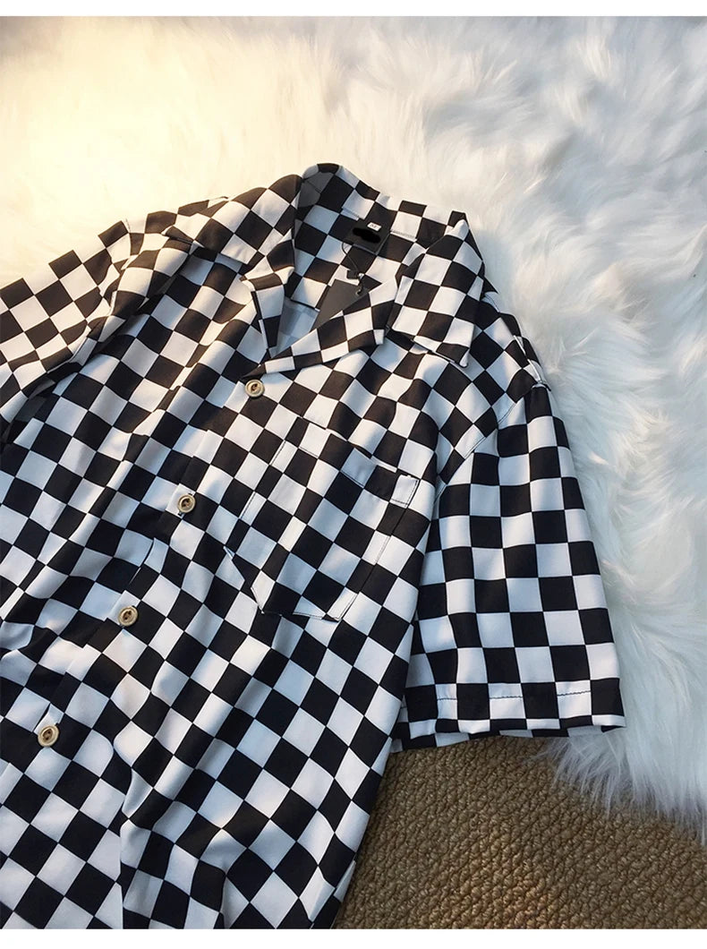 Casual Shirts Women Panelled Plaid Fashion Loose Couples Elegant All-match Summer Blouses Cool Girls Retro Students Chic Unisex