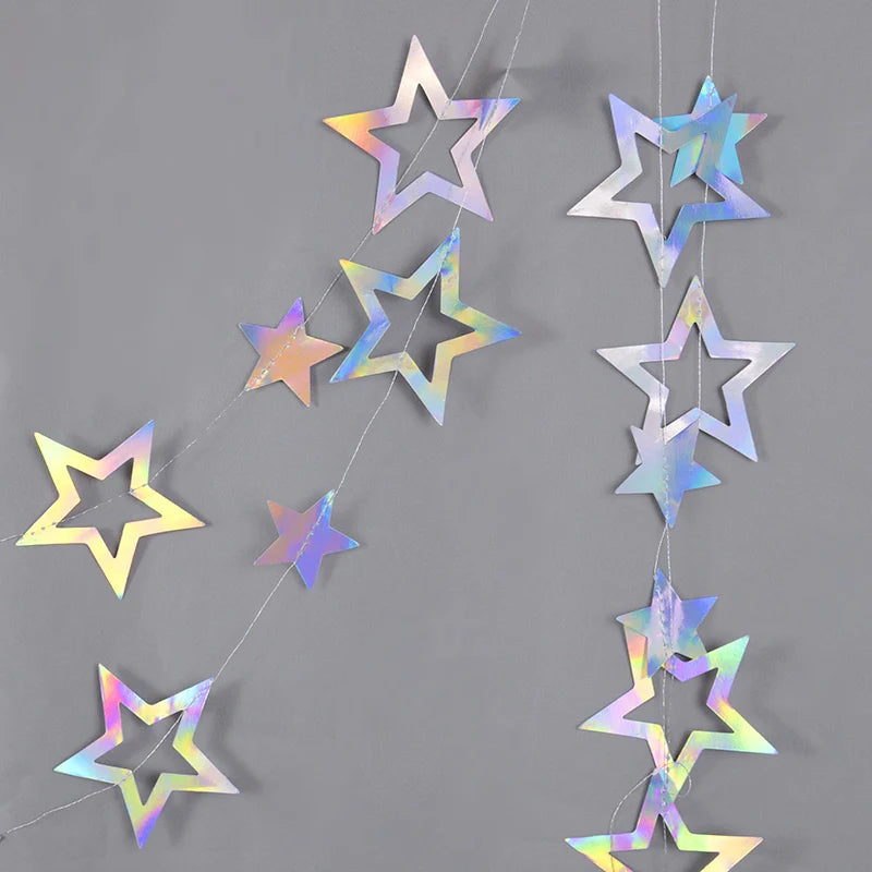 Laser Silber Papier Stern Girlande Banner Happy Birthday Party Dekoration Mädchen Junge Babyparty Hochzeit Wandbehang Dekor