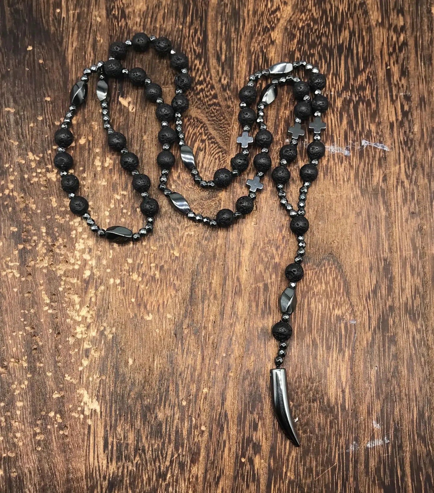 Tiger Eye Stone Bead & Hematite Cross Pendant Necklace for Men Women Catholic Christ Rosary Cross Pendant
