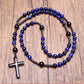 Tiger Eye Stone Bead & Hematite Cross Pendant Necklace for Men Women Catholic Christ Rosary Cross Pendant
