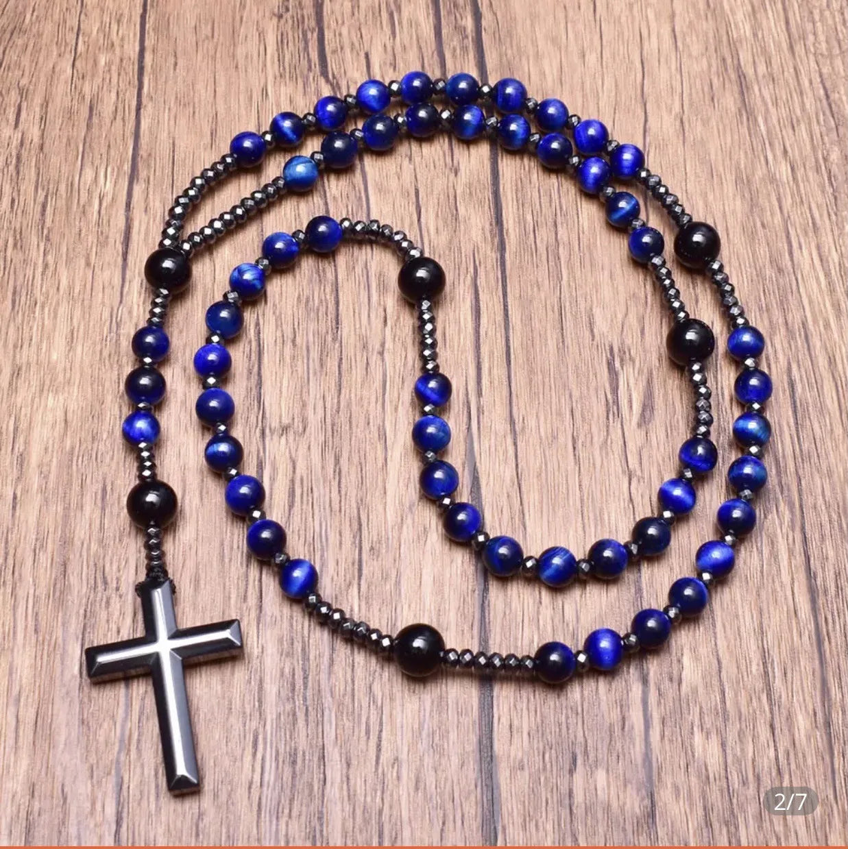 Tiger Eye Stone Bead & Hematite Cross Pendant Necklace for Men Women Catholic Christ Rosary Cross Pendant