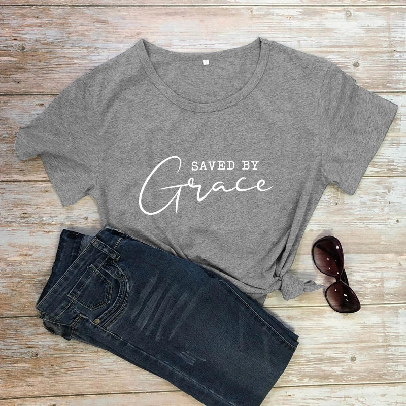 Saved By Grace 100% Baumwolle T-Shirt Damen Religiöses Christliches Bibel Top T-Shirt Lässig Jesus Religion Glaube T-Shirt Camiseta
