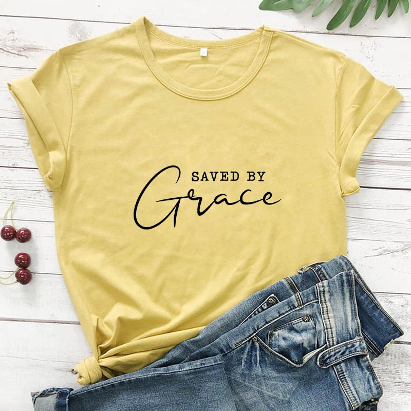 Saved By Grace 100% Baumwolle T-Shirt Damen Religiöses Christliches Bibel Top T-Shirt Lässig Jesus Religion Glaube T-Shirt Camiseta