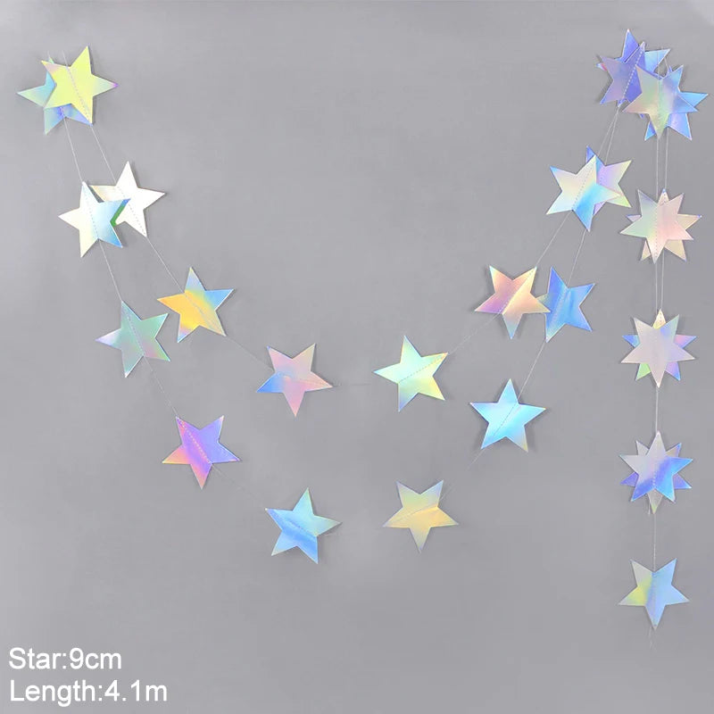 Laser Silber Papier Stern Girlande Banner Happy Birthday Party Dekoration Mädchen Junge Babyparty Hochzeit Wandbehang Dekor