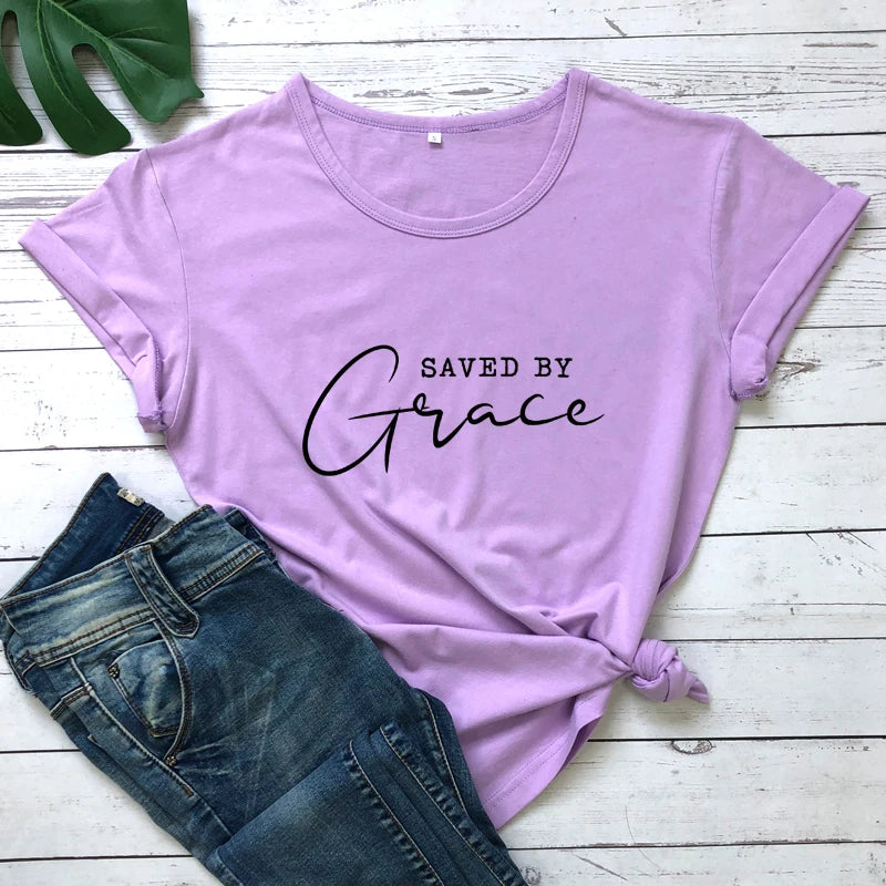 Saved By Grace 100% Baumwolle T-Shirt Damen Religiöses Christliches Bibel Top T-Shirt Lässig Jesus Religion Glaube T-Shirt Camiseta