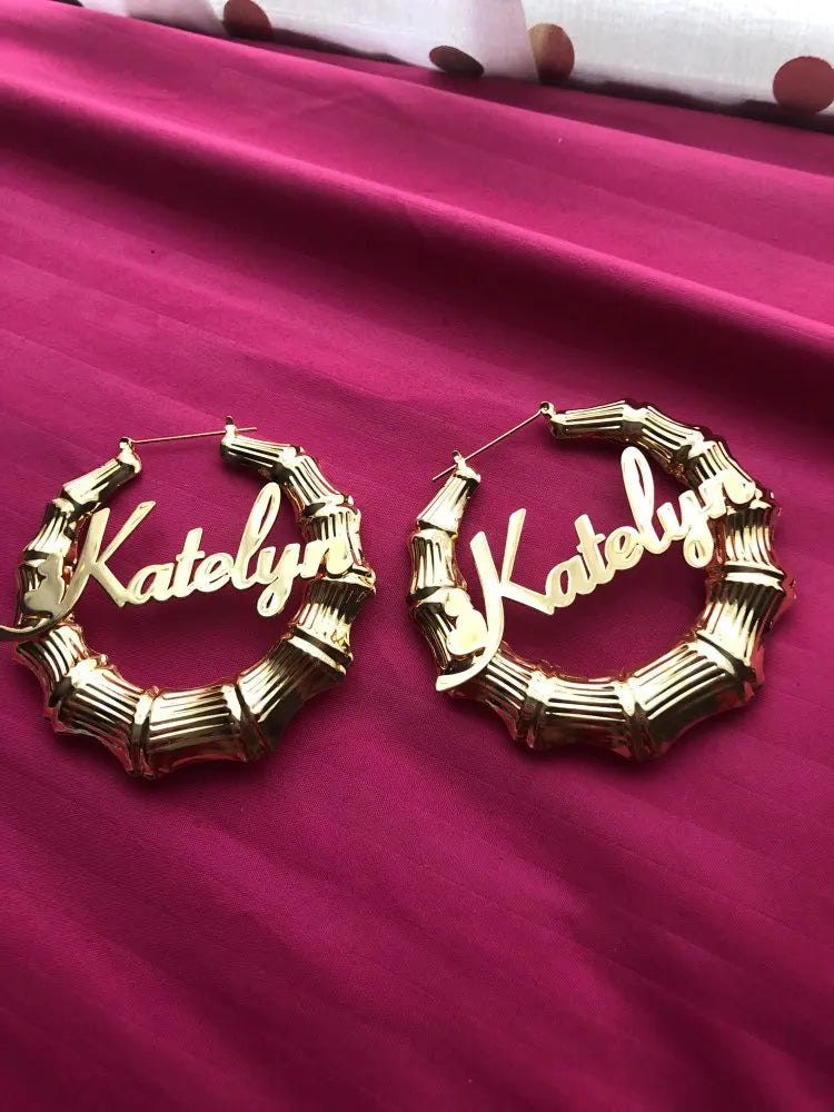 DOREMI Stainless Steel Bamboo Hoop Earrings Customize Name Earrings Bamboo Style Custom Hoop Earring With Statement Words Number