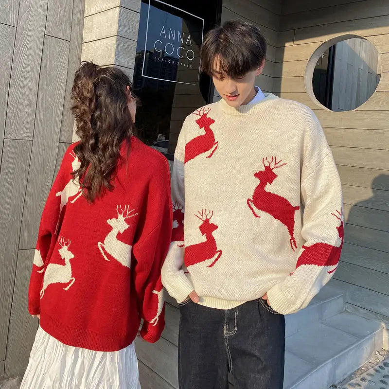 Weihnachtspullover Damen Herbst Winter Koreanischer Lockerer Pullover Hirsch Pullover Männer und Frauen Oversized Pullover Paare