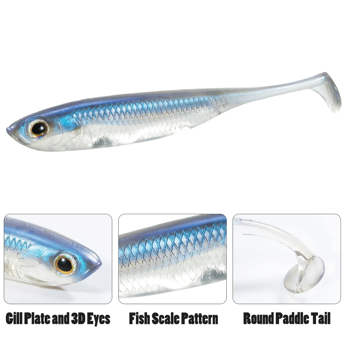Dr.Fish 5/6 Stück Angelköder Weichplastik Silikonköder Paddelschwanz Shad Wurm Swimbait Süßwasser Barsch Forelle 70mm 80mm 100mm