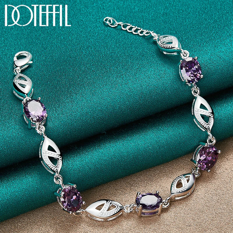DOTEFFIL 925 Sterling Silber Lila Große AAA Zirkon Armbandkette für Damen Schmuck Verlobung Party Weihnachtsgeschenk