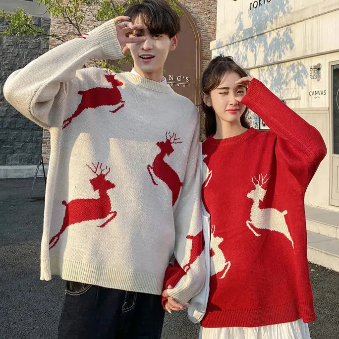 Weihnachtspullover Damen Herbst Winter Koreanischer Lockerer Pullover Hirsch Pullover Männer und Frauen Oversized Pullover Paare