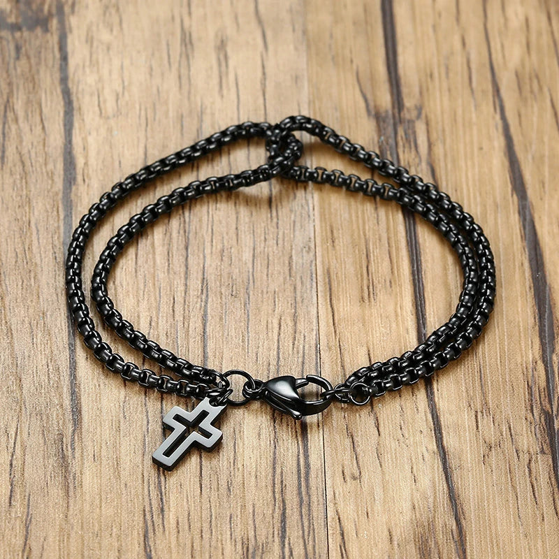 Vnox Einfache, geschichtete 3mm Rolo-Kettenarmbänder für Herren, rundes Kettenglied mit Kreuz-Anhänger, Armband, Christusgebet, Vintage-Freizeitgeschenk