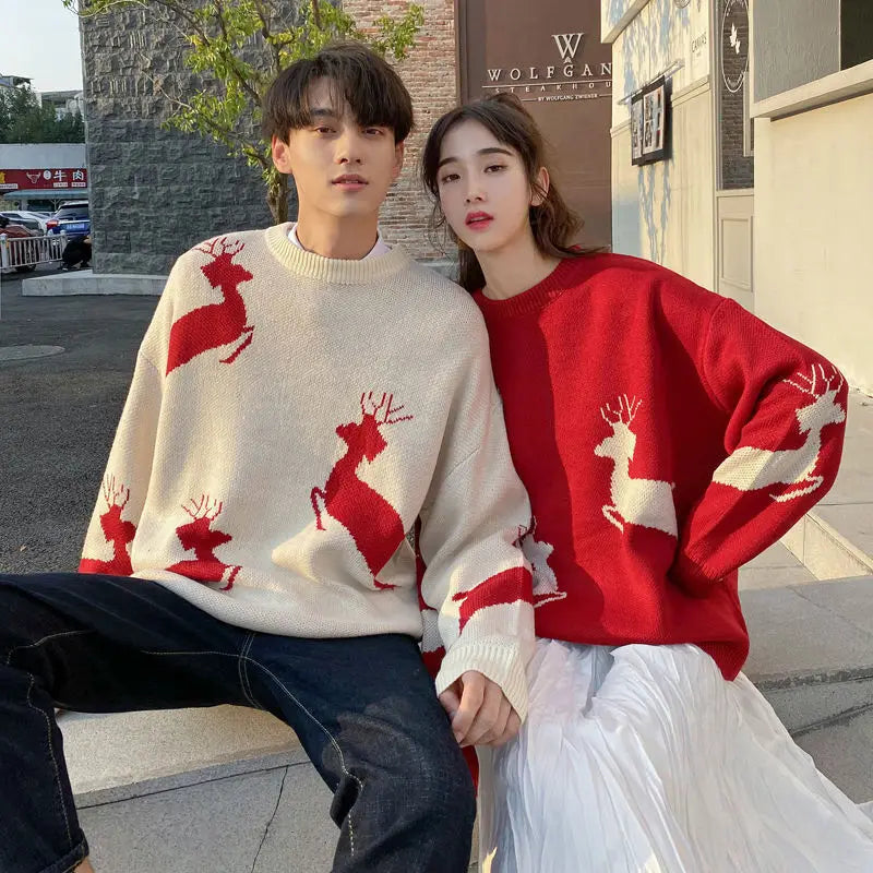 Weihnachtspullover Damen Herbst Winter Koreanischer Lockerer Pullover Hirsch Pullover Männer und Frauen Oversized Pullover Paare