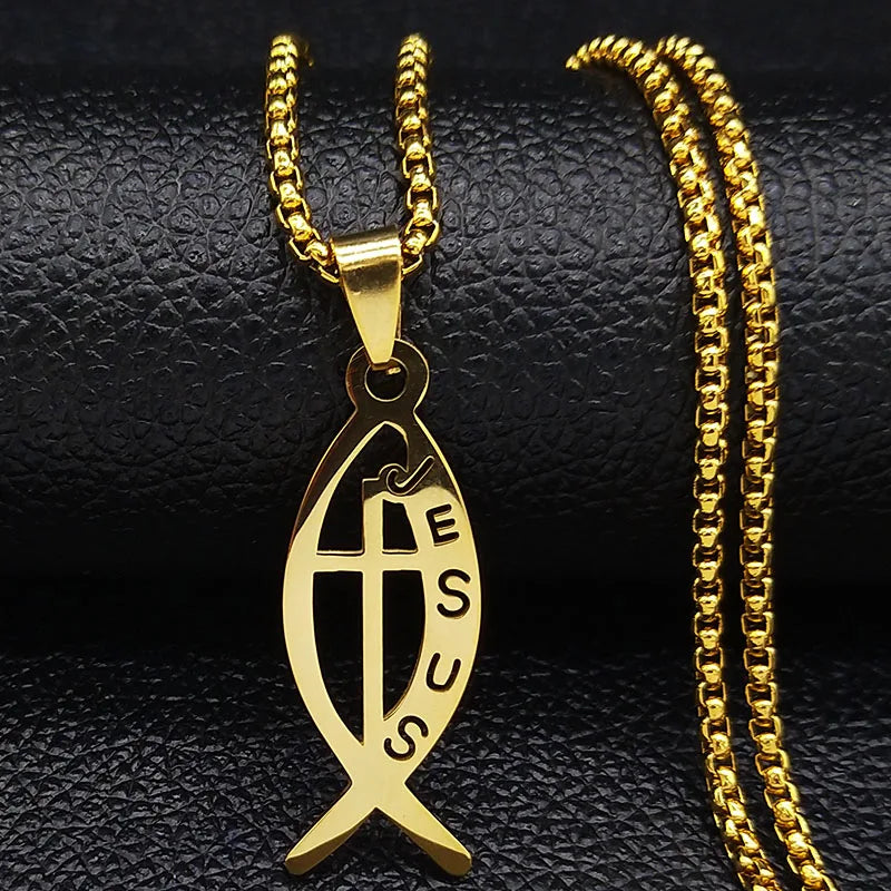 Ichthys Jesus Fisch Kreuz Christus Gott Anhänger Halskette für Frauen Männer Edelstahl Goldfarbe Christliche Kette Schmuck N1482S02