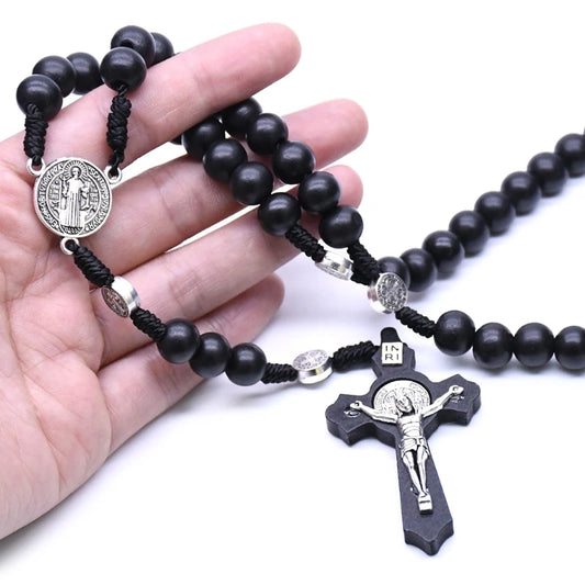 Black Wooden Christ Jesus Cross Religious Necklace Catholic Rosary Necklace Church Souvenirs Prayer Pendant Necklace