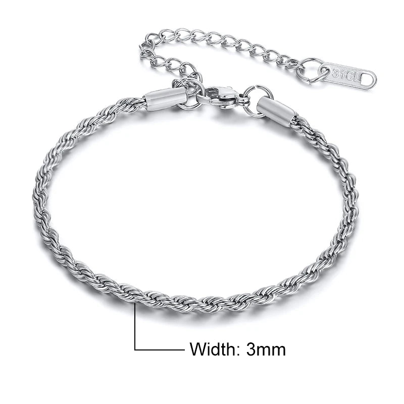 Vnox Basic 2/3/4/5mm Stainless Steel Twisted Rope Chain Bracelets for Men Women,Wrist Christmas Gifts Jewelry,Length Adjustable