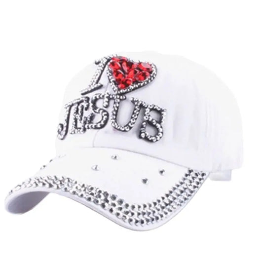 WJ7621 Damen Denimstoff Künstliche Steine Bling Bling Rot I Love Heart Jesus Baumwoll-Baseballkappen Anpassen