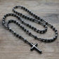 Tiger Eye Stone Bead & Hematite Cross Pendant Necklace for Men Women Catholic Christ Rosary Cross Pendant