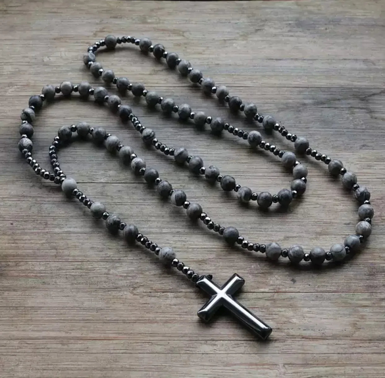 Tiger Eye Stone Bead & Hematite Cross Pendant Necklace for Men Women Catholic Christ Rosary Cross Pendant
