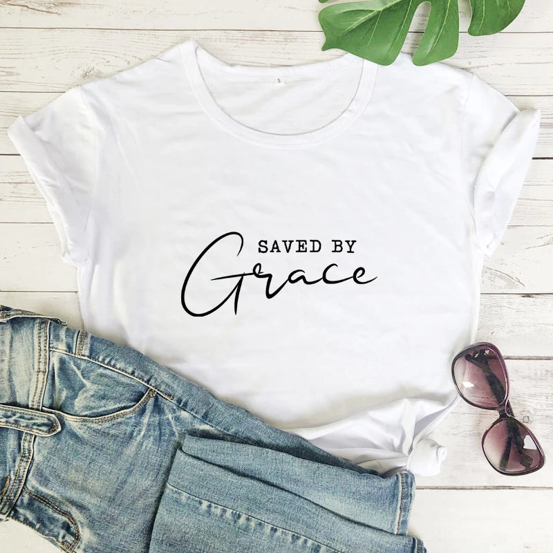 Saved By Grace 100% Baumwolle T-Shirt Damen Religiöses Christliches Bibel Top T-Shirt Lässig Jesus Religion Glaube T-Shirt Camiseta