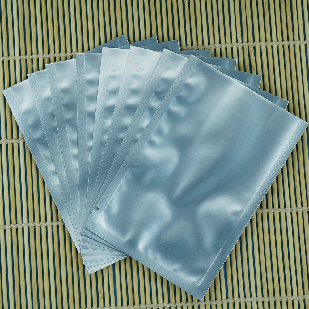100 Stück Silberne, matte Aluminiumfolienbeutel zum Heißsiegeln – oben offene Mylar-Folienbeutel, matte Oberfläche, Kunststoff-Lebensmittelverpackung, Pulver-/Saucenbeutel