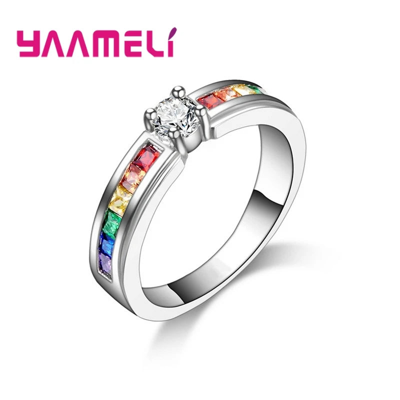 Echte 100% 925 Sterling Silber Farbe Regenbogen Zirkonia Ringe Für Frauen Hochzeit Entzückender Verlobungsantrag Ring Accessoire
