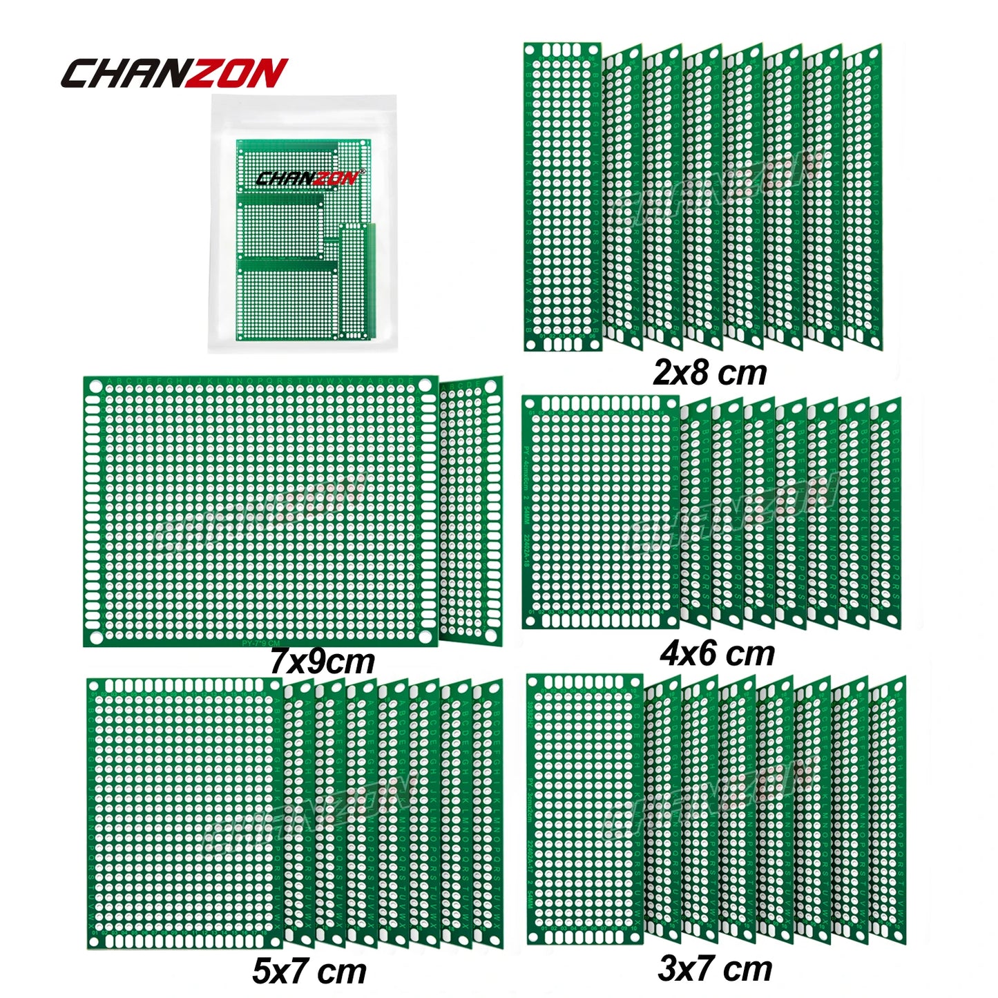 34 Stück doppelseitige Leiterplatten verzinnt (2x8 3x7 4x6 5x7 7x9 cm) Prototypen-Kit FR4 bedruckte Universal-Lochrasterplatine für Heimwerker