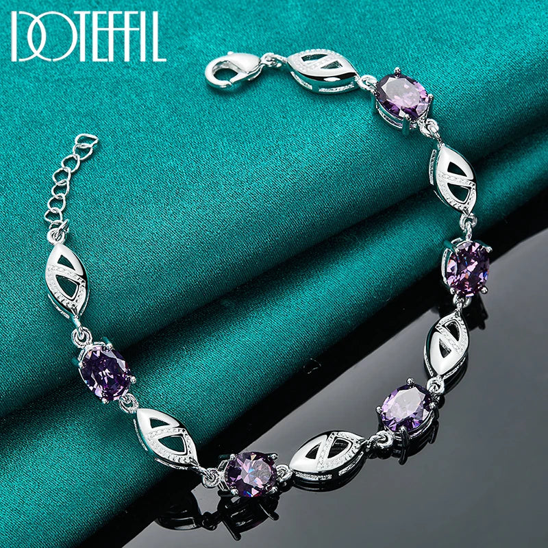 DOTEFFIL 925 Sterling Silber Lila Große AAA Zirkon Armbandkette für Damen Schmuck Verlobung Party Weihnachtsgeschenk