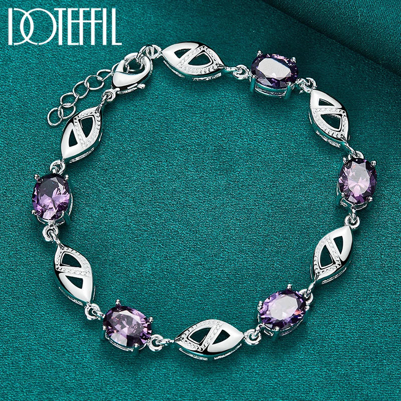 DOTEFFIL 925 Sterling Silber Lila Große AAA Zirkon Armbandkette für Damen Schmuck Verlobung Party Weihnachtsgeschenk