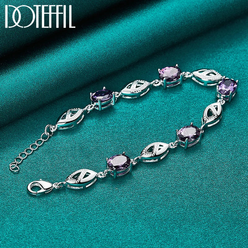 DOTEFFIL 925 Sterling Silber Lila Große AAA Zirkon Armbandkette für Damen Schmuck Verlobung Party Weihnachtsgeschenk