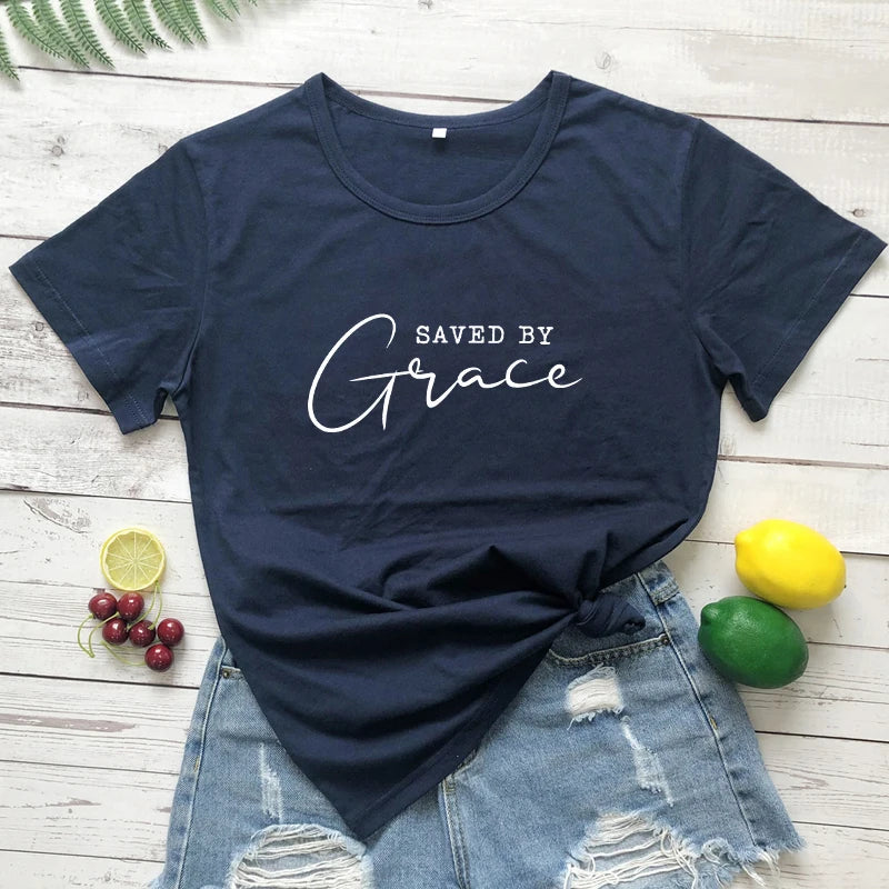 Saved By Grace 100% Baumwolle T-Shirt Damen Religiöses Christliches Bibel Top T-Shirt Lässig Jesus Religion Glaube T-Shirt Camiseta
