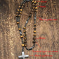Tiger Eye Stone Bead & Hematite Cross Pendant Necklace for Men Women Catholic Christ Rosary Cross Pendant