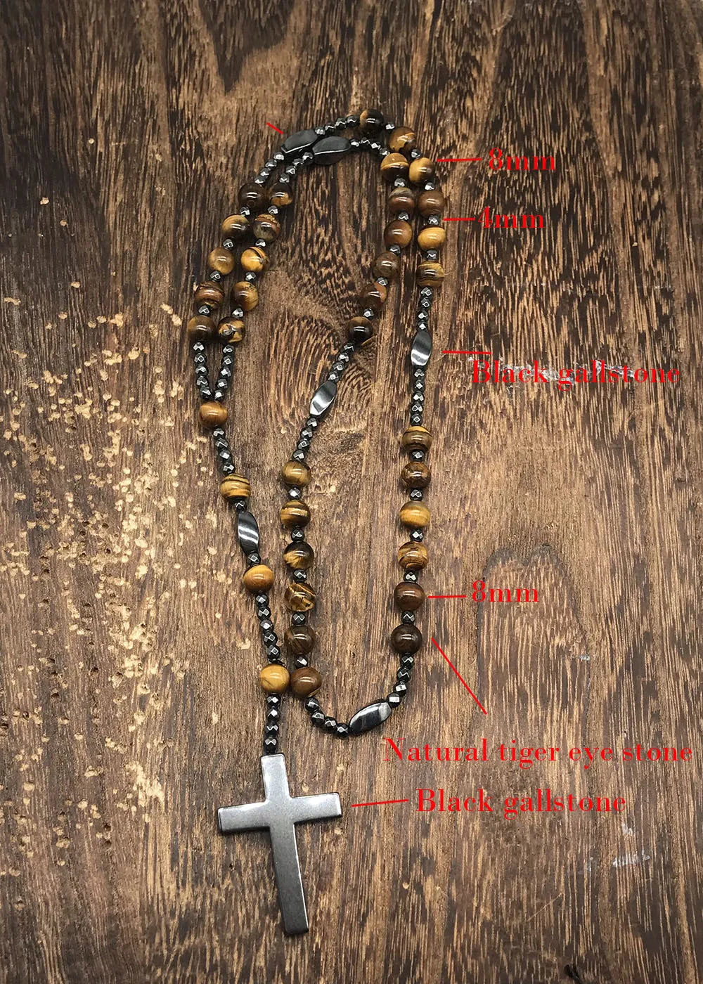 Tiger Eye Stone Bead & Hematite Cross Pendant Necklace for Men Women Catholic Christ Rosary Cross Pendant