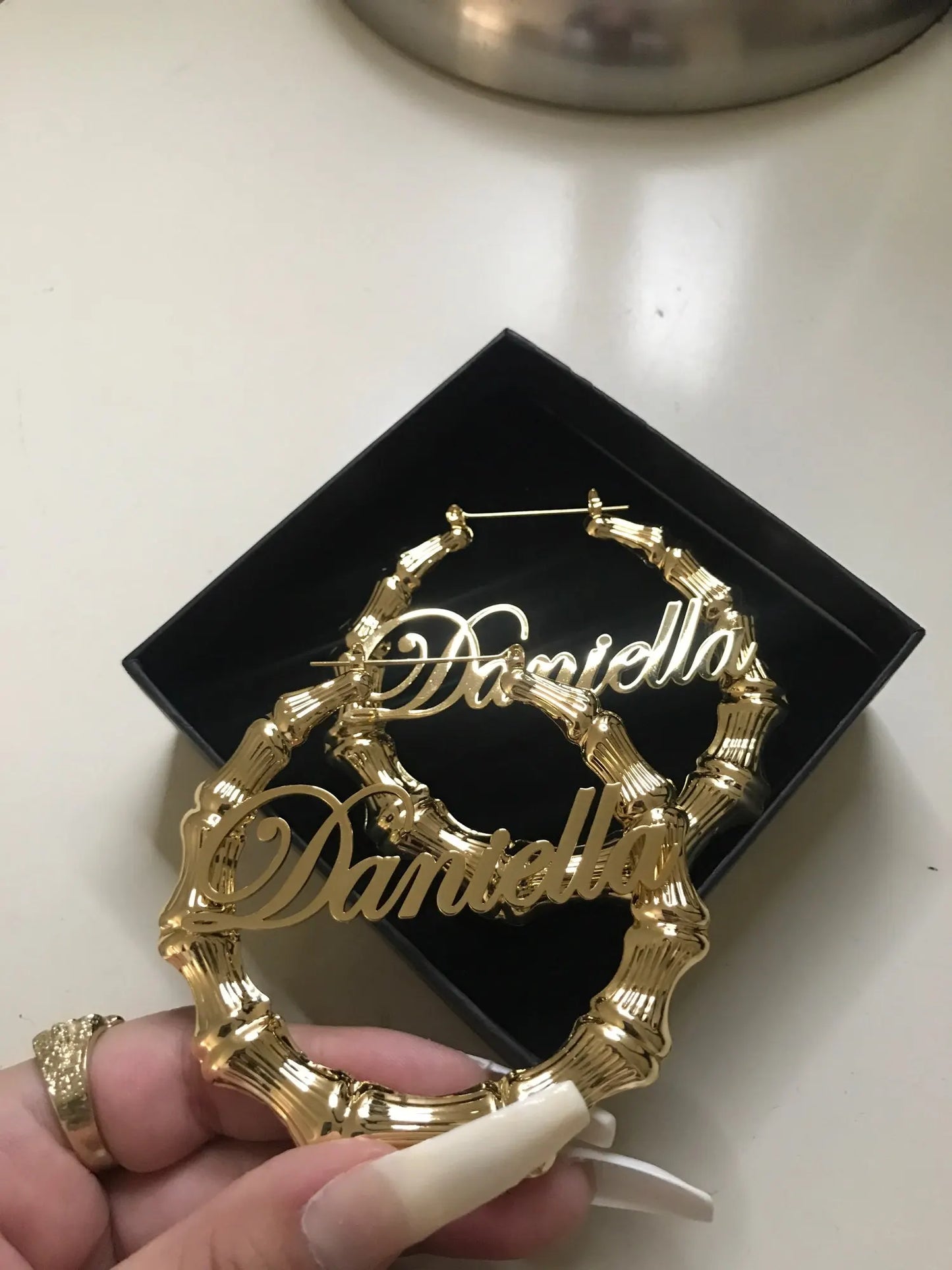 DOREMI Stainless Steel Bamboo Hoop Earrings Customize Name Earrings Bamboo Style Custom Hoop Earring With Statement Words Number