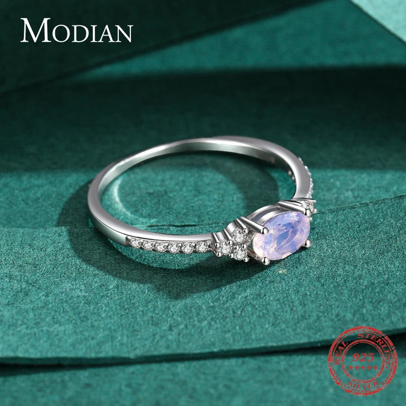 MODIAN 925 Sterling Silber Rosa Mondstein Eleganter Stapelbarer Fingerring Eternity Bands für Damen Weihnachtsgeschenke Feiner Schmuck