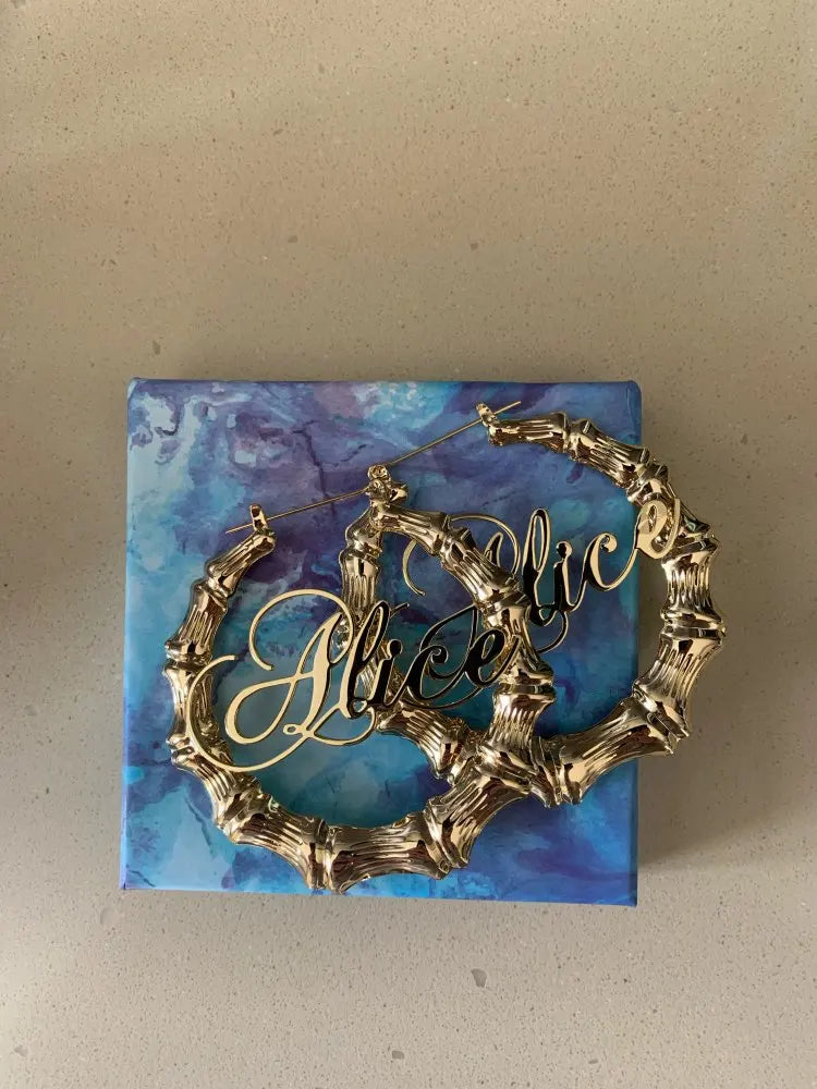 DOREMI Stainless Steel Bamboo Hoop Earrings Customize Name Earrings Bamboo Style Custom Hoop Earring With Statement Words Number