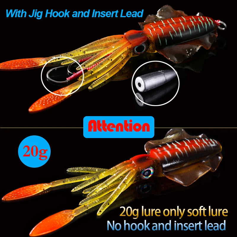 SUNMILE Angel-Gummiköder Tintenfisch 20g/60g/80g/100g/120g/150g Leuchtend/UV-Tintenfisch-Jig Angelköder für Meeresangeln Wobbler Köder