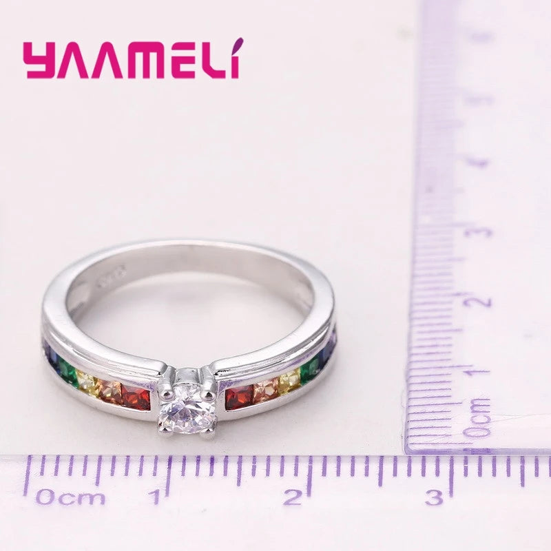 Echte 100% 925 Sterling Silber Farbe Regenbogen Zirkonia Ringe Für Frauen Hochzeit Entzückender Verlobungsantrag Ring Accessoire