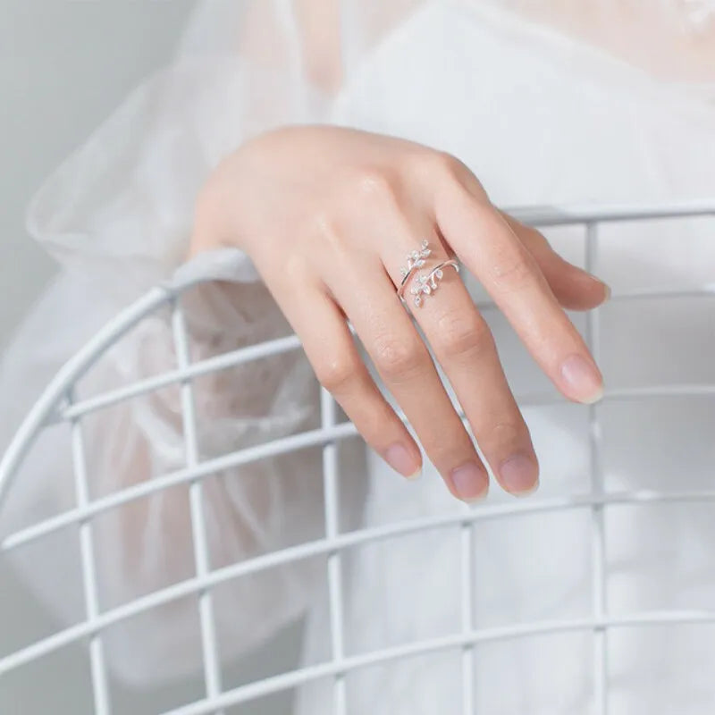 925 Sterling Silver Korean Zircon Leaf Shape Ring Female Index Finger Retro Fashion Handmade Jewelry Couple Gift