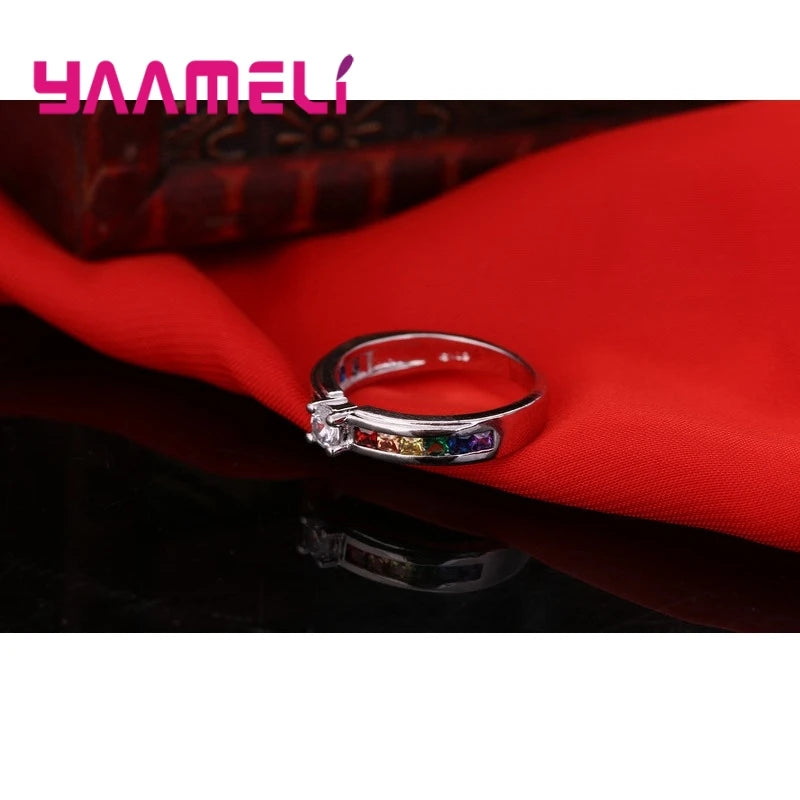 Echte 100% 925 Sterling Silber Farbe Regenbogen Zirkonia Ringe Für Frauen Hochzeit Entzückender Verlobungsantrag Ring Accessoire