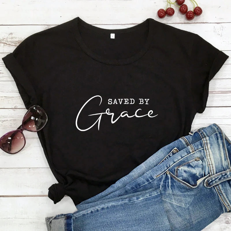 Saved By Grace 100% Baumwolle T-Shirt Damen Religiöses Christliches Bibel Top T-Shirt Lässig Jesus Religion Glaube T-Shirt Camiseta