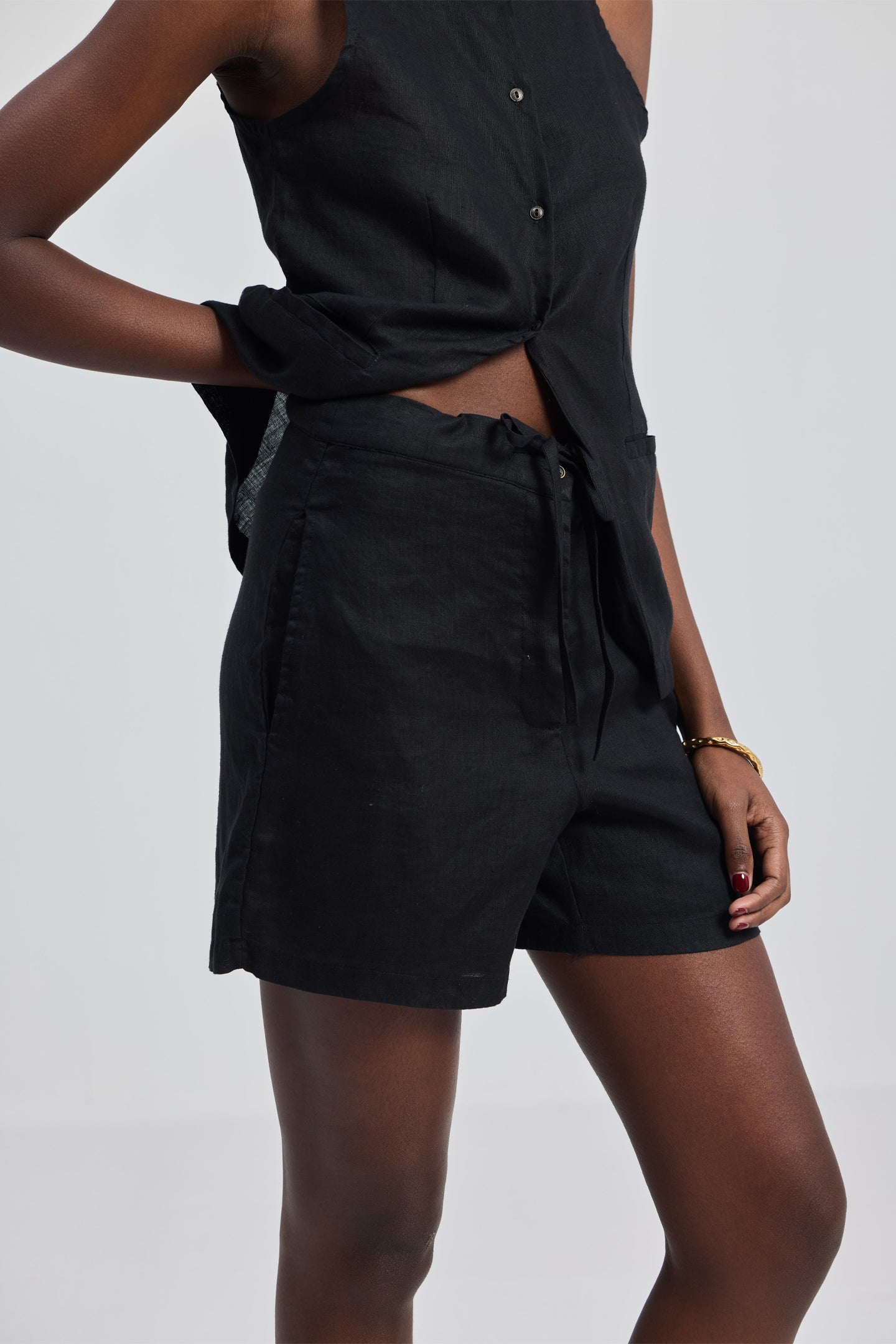 Hemp Vest Jacket Set in Black