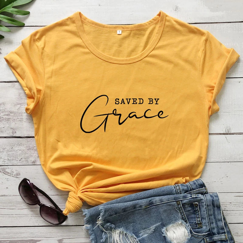 Saved By Grace 100% Baumwolle T-Shirt Damen Religiöses Christliches Bibel Top T-Shirt Lässig Jesus Religion Glaube T-Shirt Camiseta